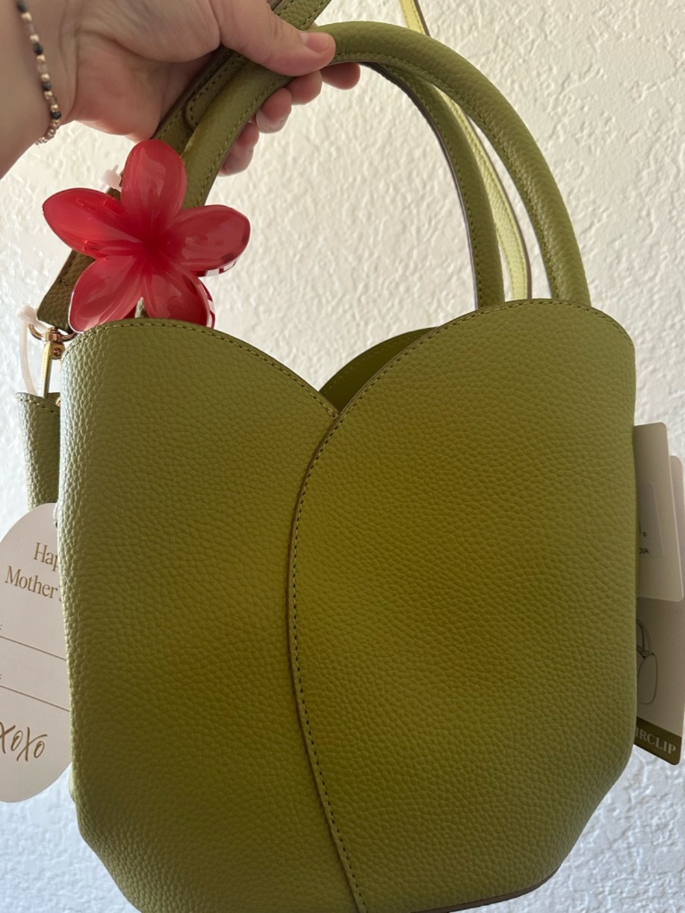 Nanette Lepore Olive Green Pebbled Tote with Flower Charm